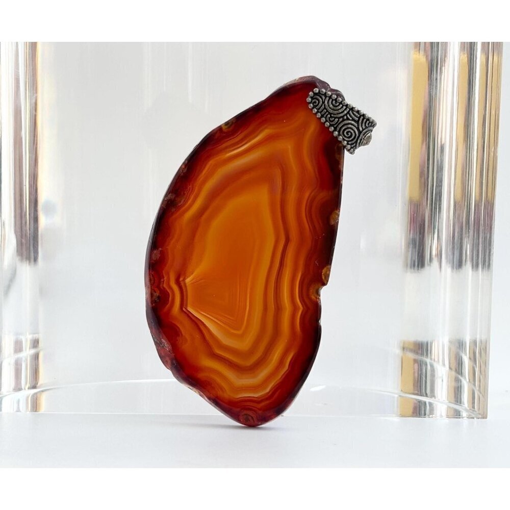 Brown Sliced Agate Stone Freeform Shaped Large Silver Toned Vintage Pendant